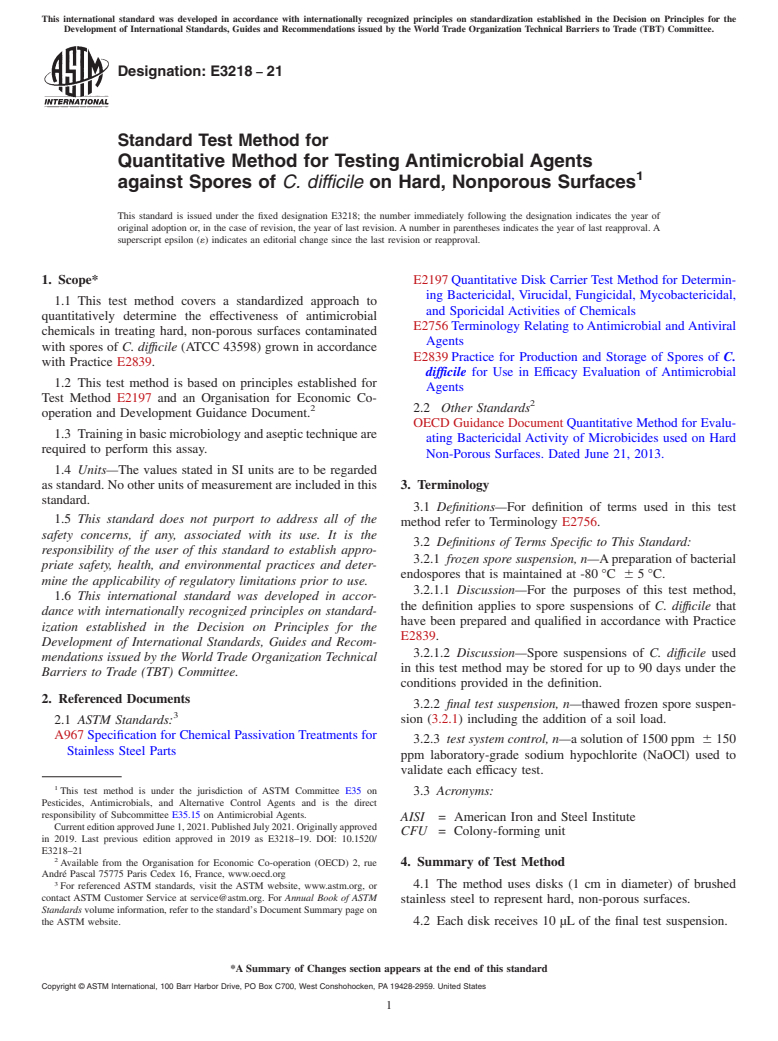 ASTM E3218-21 - Standard Test Method for Quantitative Method for Testing Antimicrobial Agents against  Spores of <emph type="ital">C. difficile</emph> on Hard, Nonporous  Surfaces