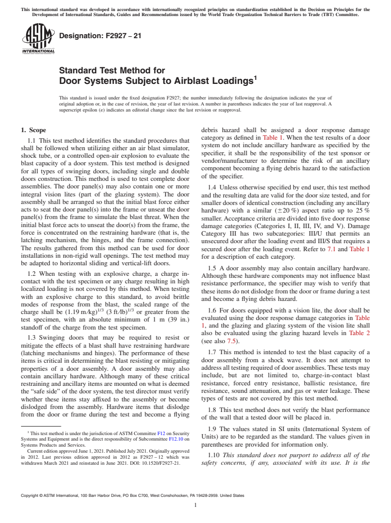ASTM F2927-21 - Standard Test Method for Door Systems Subject to Airblast Loadings