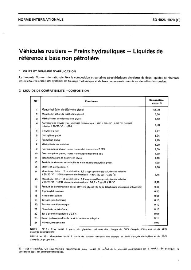 ISO 4926:1978 - Véhicules routiers -- Freins hydrauliques -- Liquides de référence a base non pétroliere