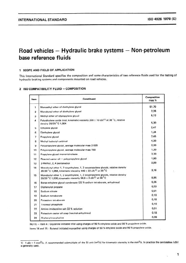 ISO 4926:1978 - Road vehicles -- Hydraulic brake systems -- Non-petroleum base reference fluids