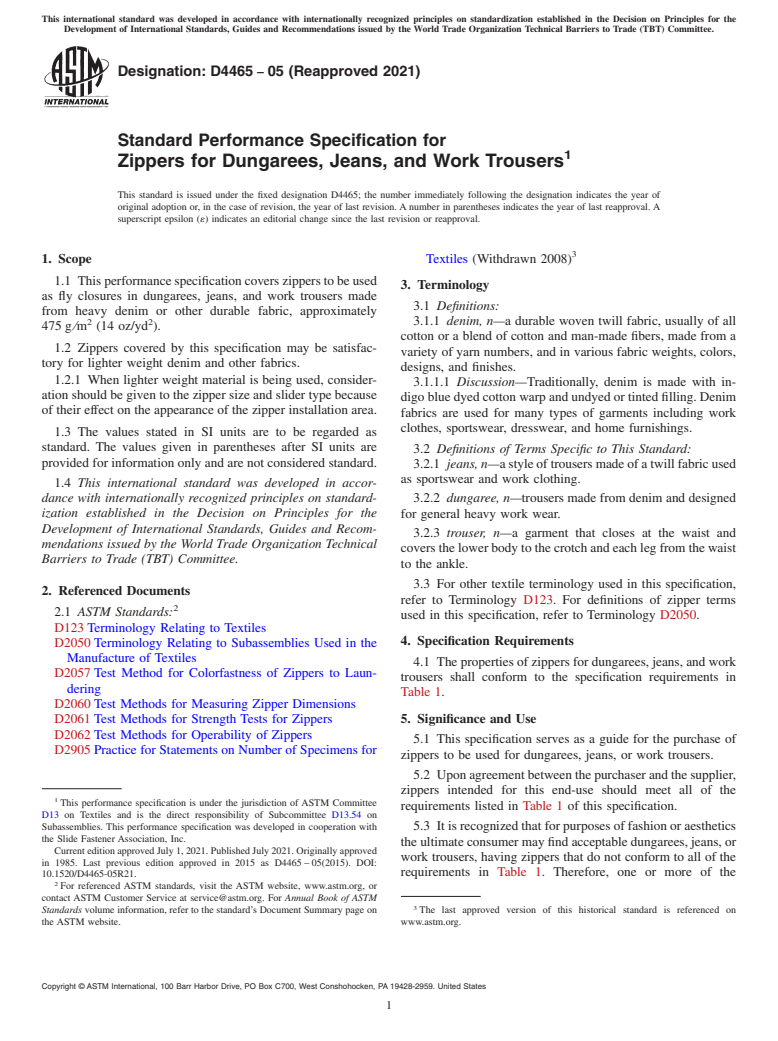 ASTM D4465-05(2021) - Standard Performance Specification for Zippers for Dungarees, Jeans, and Work Trousers