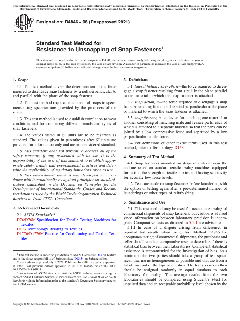 ASTM D4846-96(2021) - Standard Test Method for Resistance to Unsnapping of Snap Fasteners