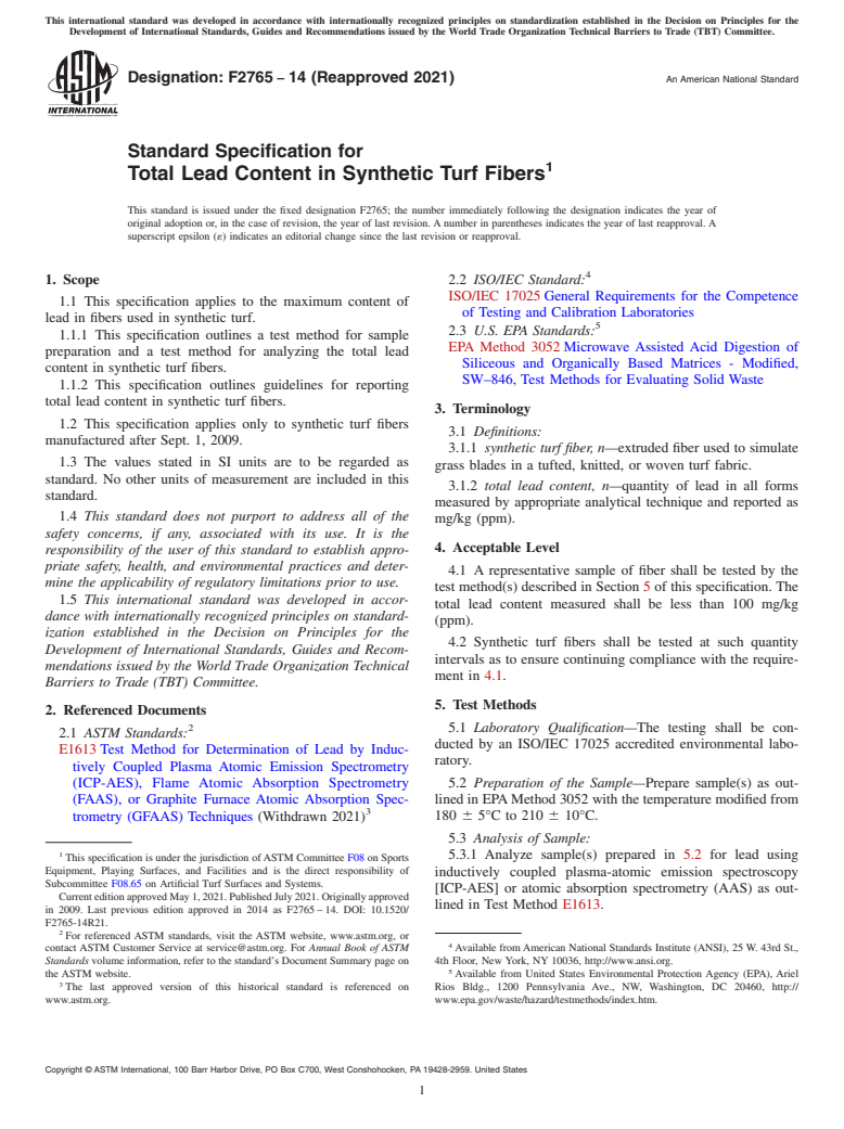 ASTM F2765-14(2021) - Standard Specification for  Total Lead Content in Synthetic Turf Fibers