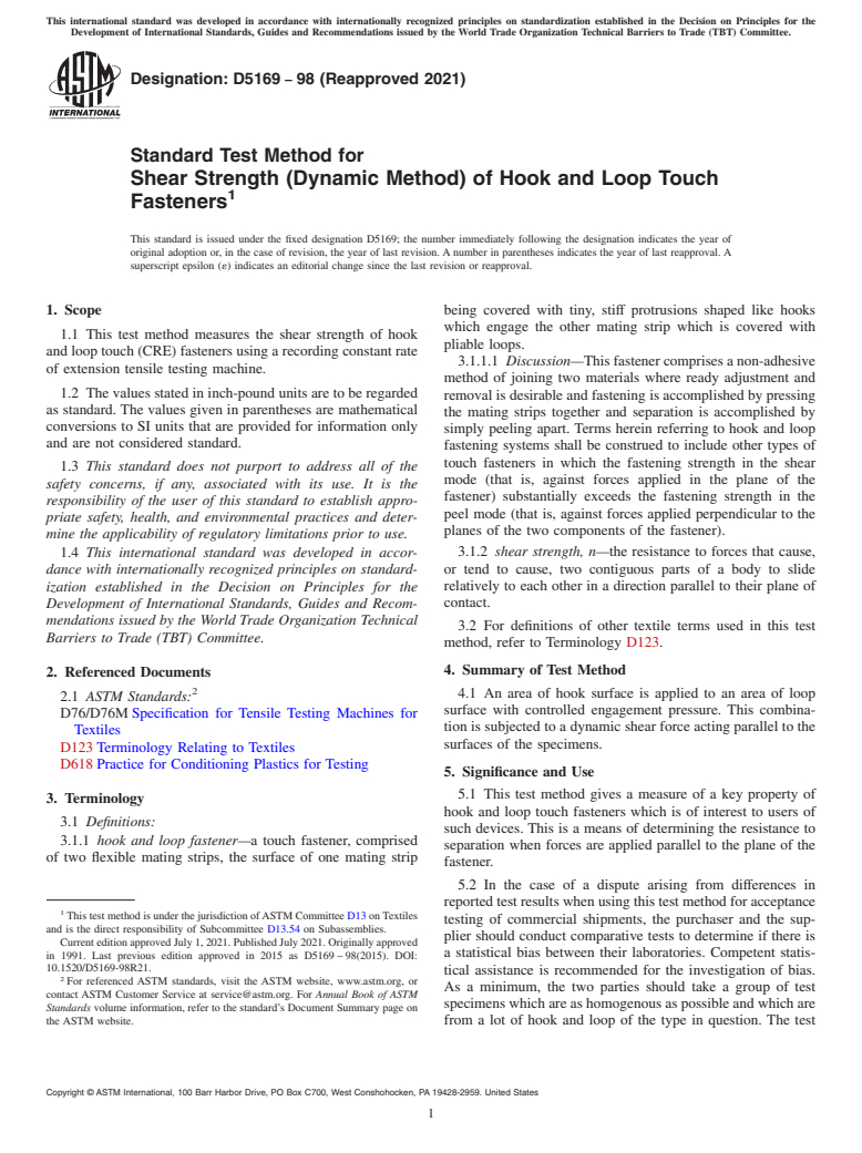 ASTM D5169-98(2021) - Standard Test Method for Shear Strength (Dynamic Method) of Hook and Loop Touch Fasteners