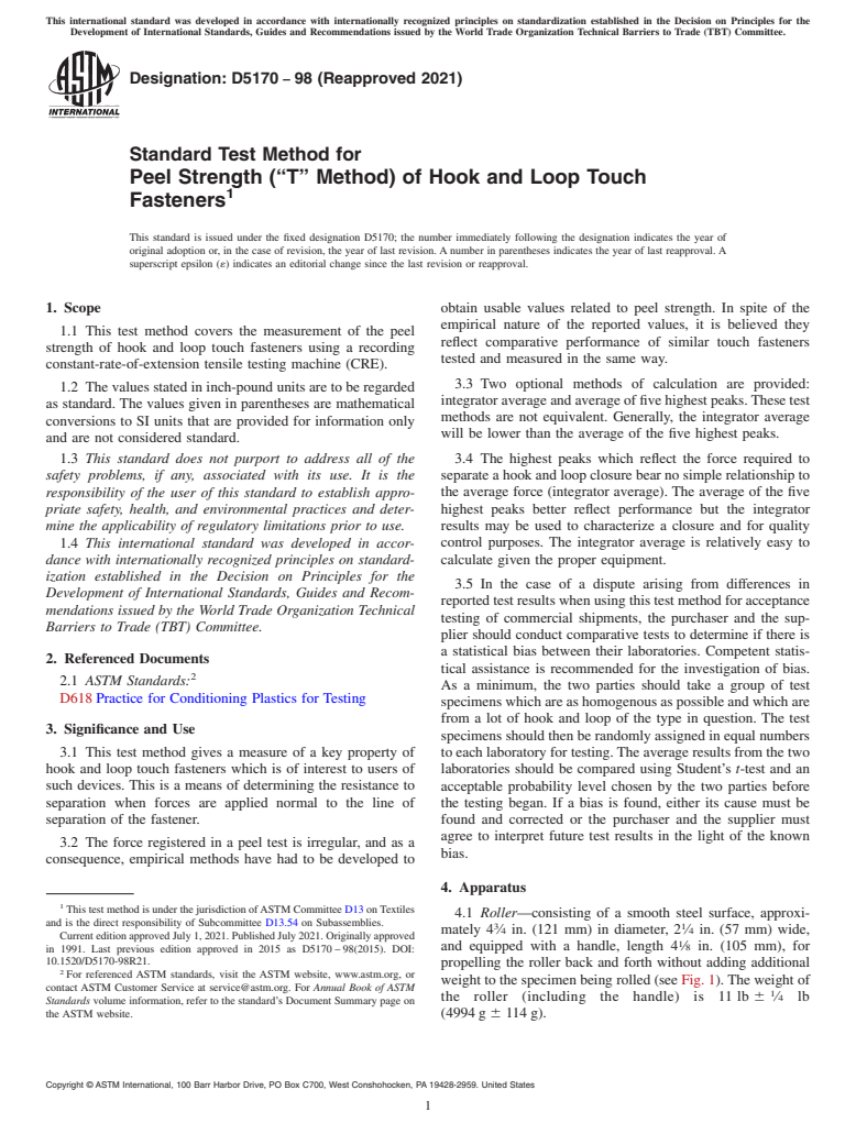 ASTM D5170-98(2021) - Standard Test Method for Peel Strength (“T” Method) of Hook and Loop Touch  Fasteners