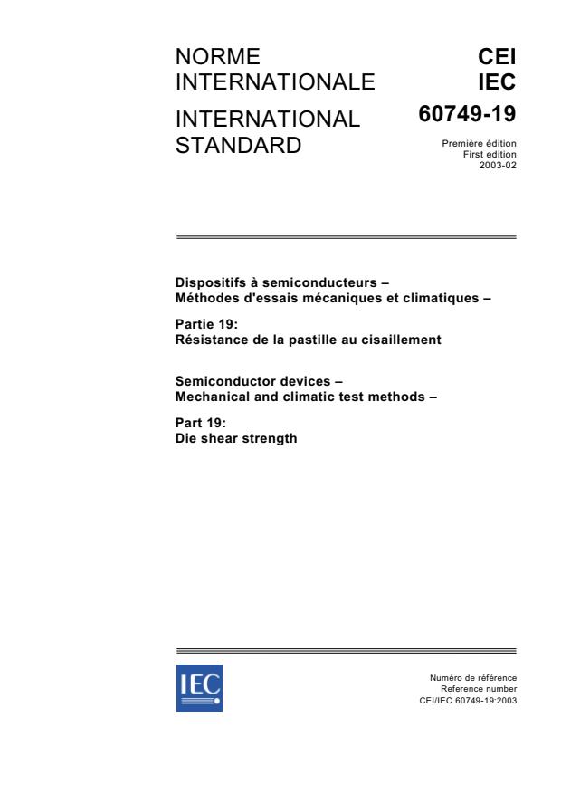 IEC 60749-19:2003 - Semiconductor devices - Mechanical and climatic test methods - Part 19: Die shear strength