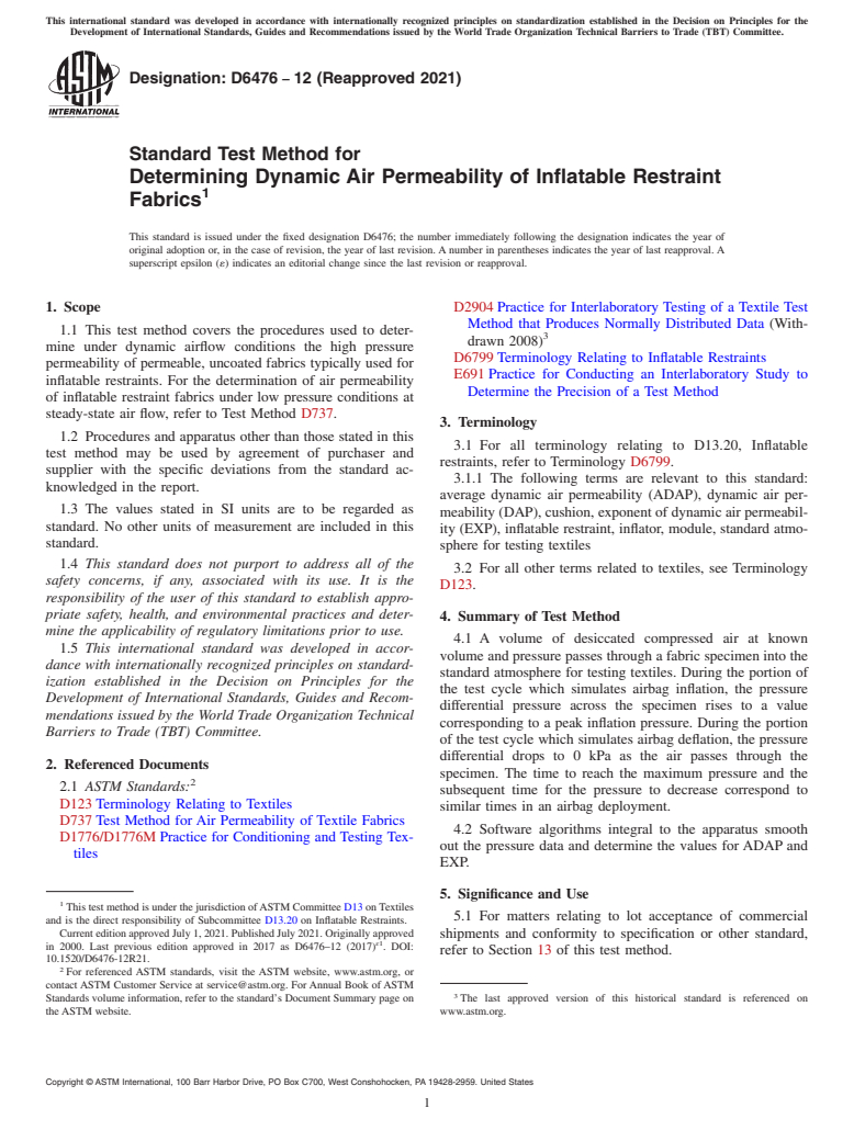 ASTM D6476-12(2021) - Standard Test Method for Determining Dynamic Air Permeability of Inflatable Restraint  Fabrics