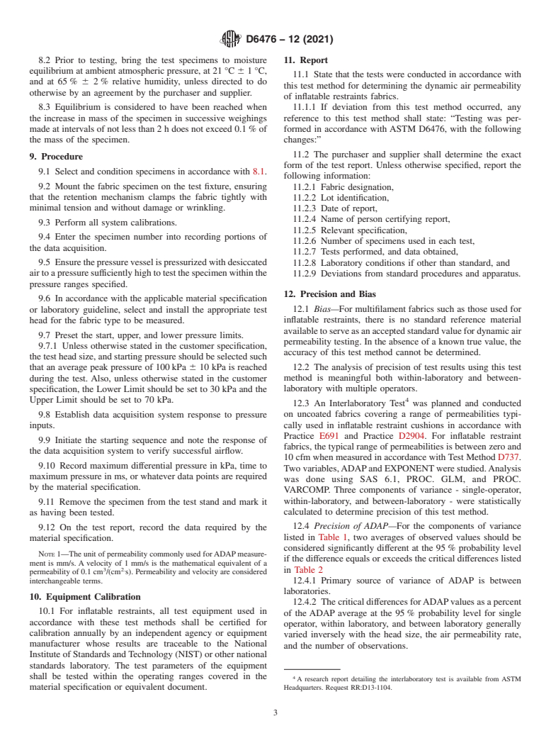 ASTM D6476-12(2021) - Standard Test Method for Determining Dynamic Air Permeability of Inflatable Restraint  Fabrics