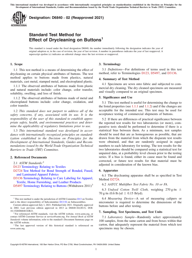 ASTM D6840-02(2021) - Standard Test Method for Effect of Drycleaning on Buttons