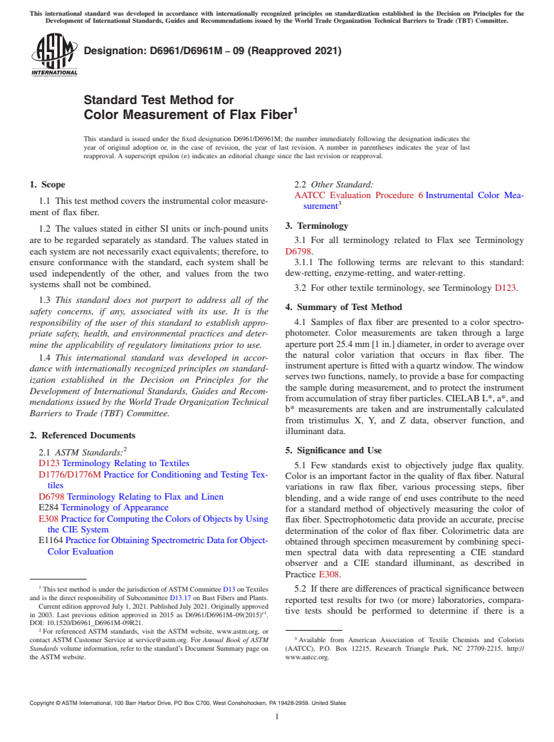 ASTM D6961/D6961M-09(2021) - Standard Test Method for Color Measurement of Flax Fiber