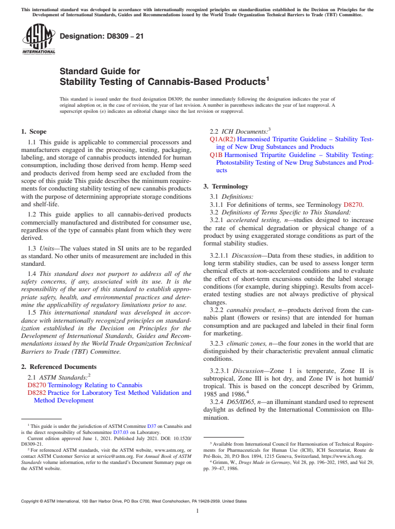 ASTM D8309-21 - Standard Guide for Stability Testing of Cannabis-Based Products