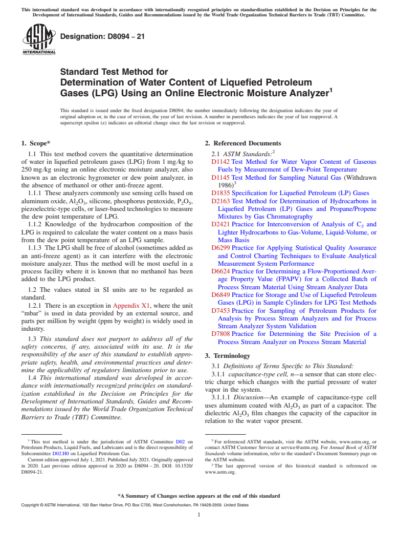 ASTM D8094-21 - Standard Test Method for Determination of Water Content of Liquefied Petroleum Gases  (LPG) Using an Online Electronic Moisture Analyzer