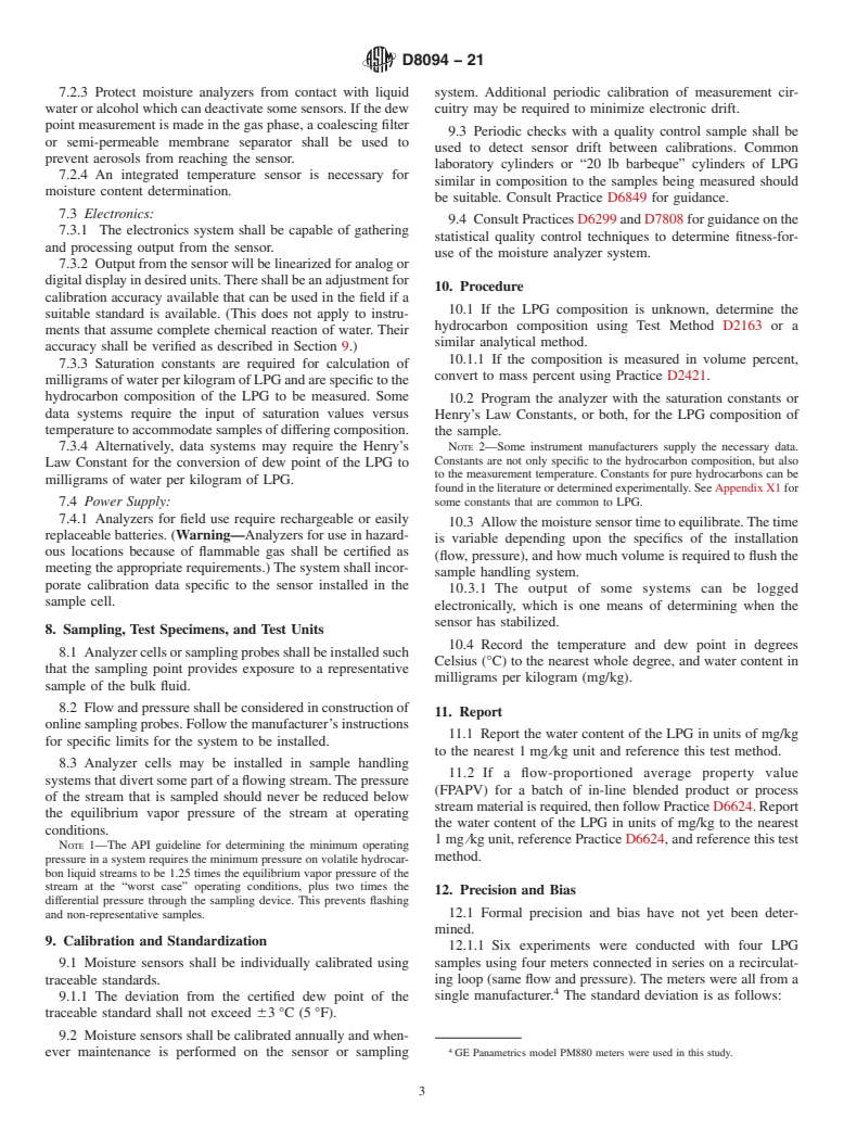 ASTM D8094-21 - Standard Test Method for Determination of Water Content of Liquefied Petroleum Gases  (LPG) Using an Online Electronic Moisture Analyzer