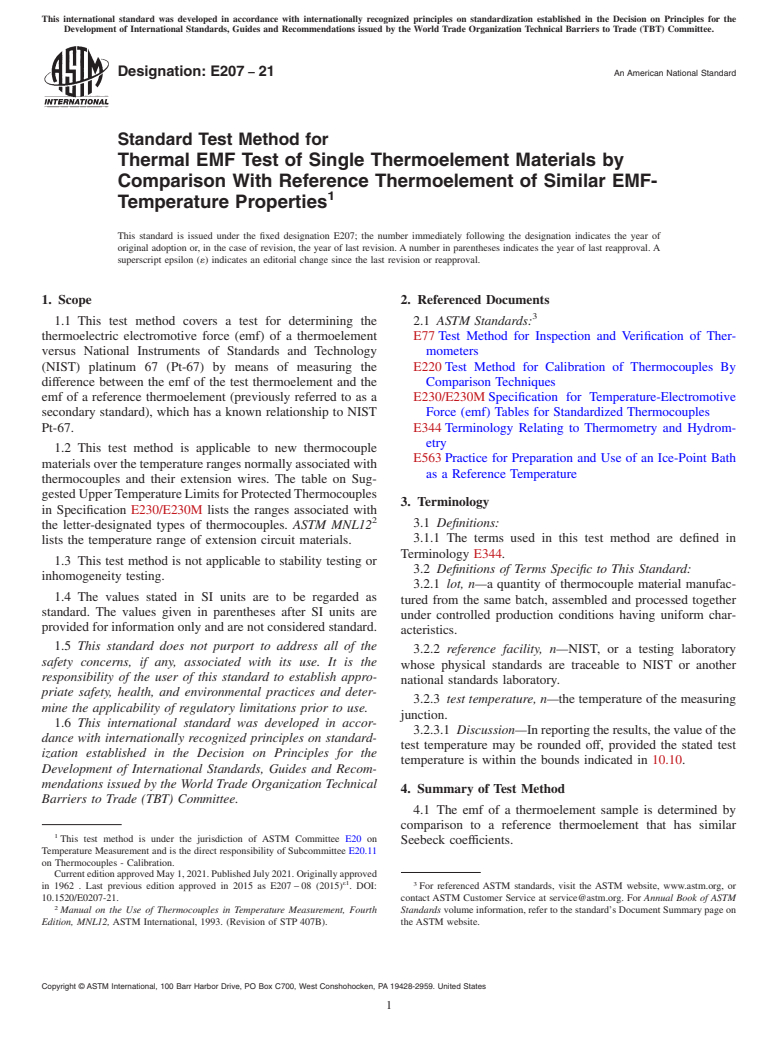 ASTM E207-21 - Standard Test Method for  Thermal EMF Test of Single Thermoelement Materials by Comparison  With Reference Thermoelement of Similar EMF-Temperature Properties