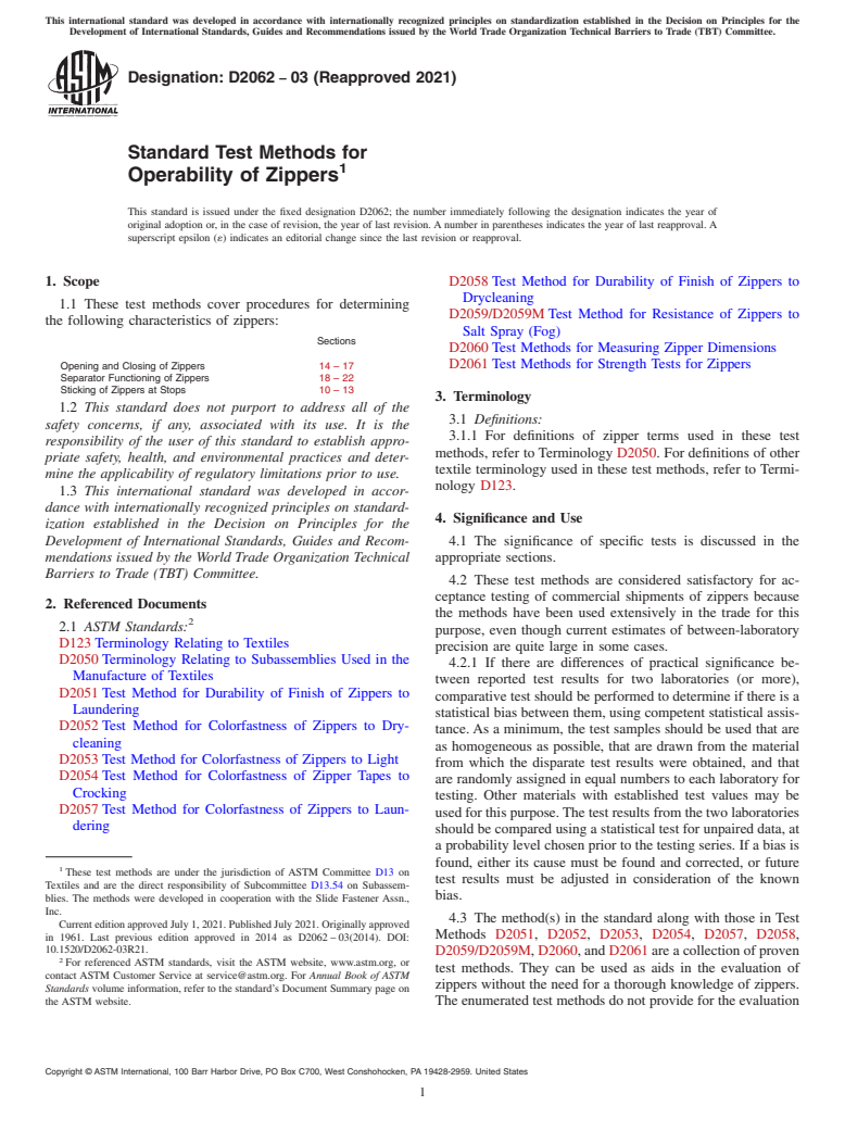 ASTM D2062-03(2021) - Standard Test Methods for Operability of Zippers