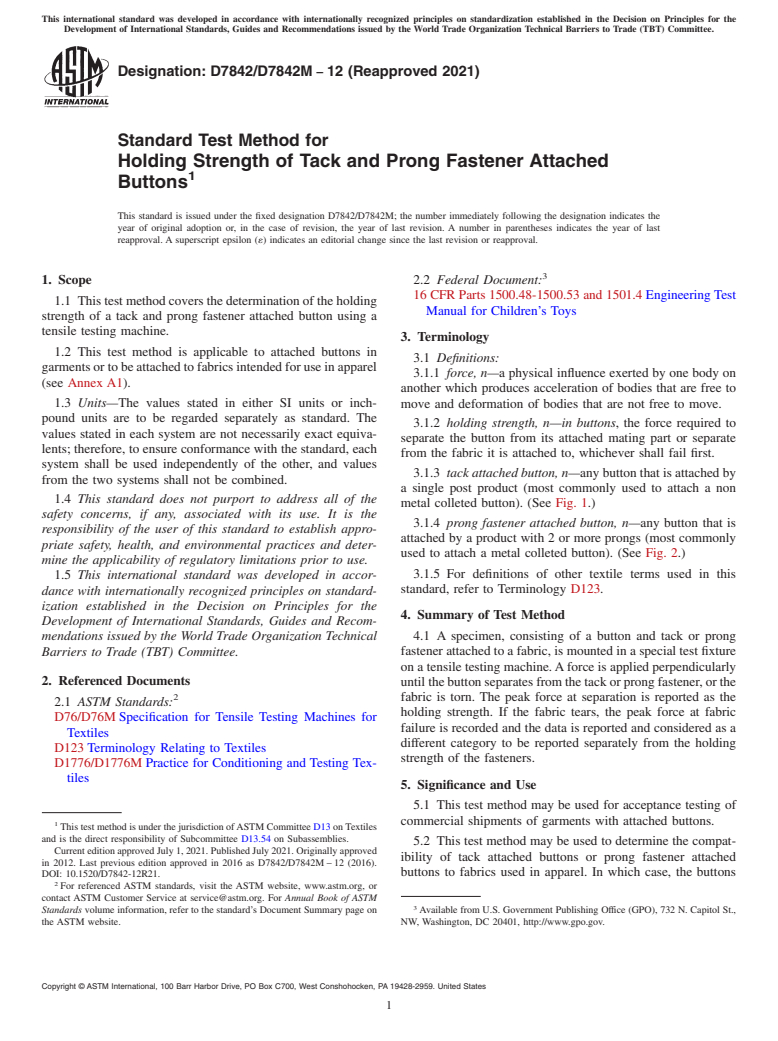 ASTM D7842/D7842M-12(2021) - Standard Test Method for Holding Strength of Tack and Prong Fastener Attached Buttons