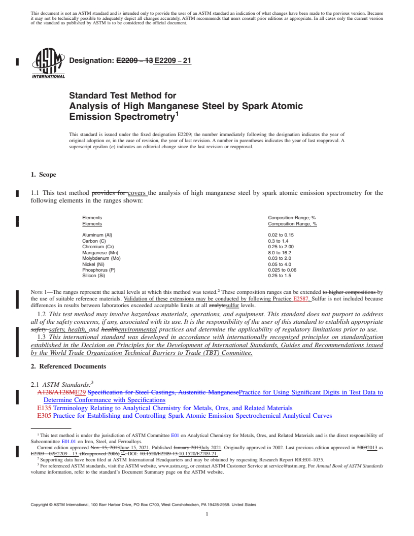 REDLINE ASTM E2209-21 - Standard Test Method for  Analysis of High Manganese Steel by Spark Atomic Emission Spectrometry