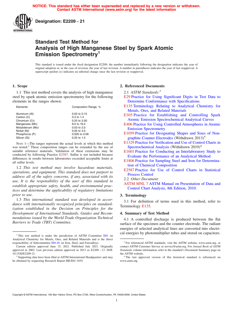 ASTM E2209-21 - Standard Test Method for  Analysis of High Manganese Steel by Spark Atomic Emission Spectrometry