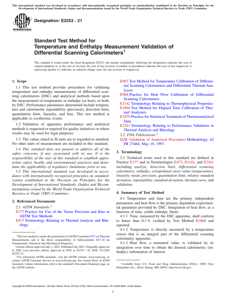 ASTM E2253-21 - Standard Test Method for Temperature and Enthalpy Measurement Validation of Differential  Scanning Calorimeters