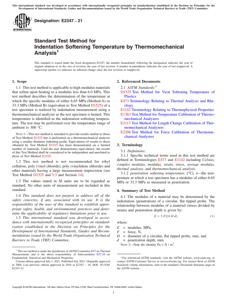ASTM E2347-21 - Standard Test Method for Indentation Softening Temperature by Thermomechanical Analysis