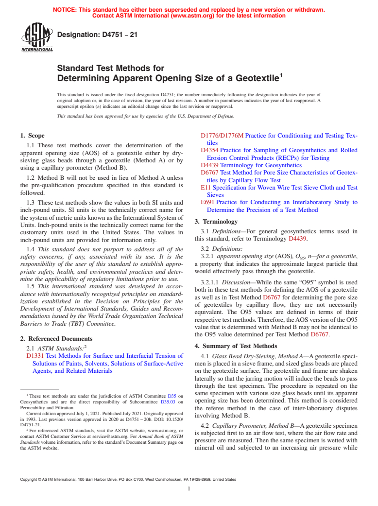 ASTM D4751-21 - Standard Test Methods for Determining Apparent Opening Size of a Geotextile