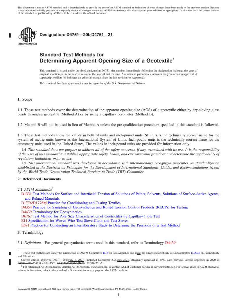 REDLINE ASTM D4751-21 - Standard Test Methods for Determining Apparent Opening Size of a Geotextile