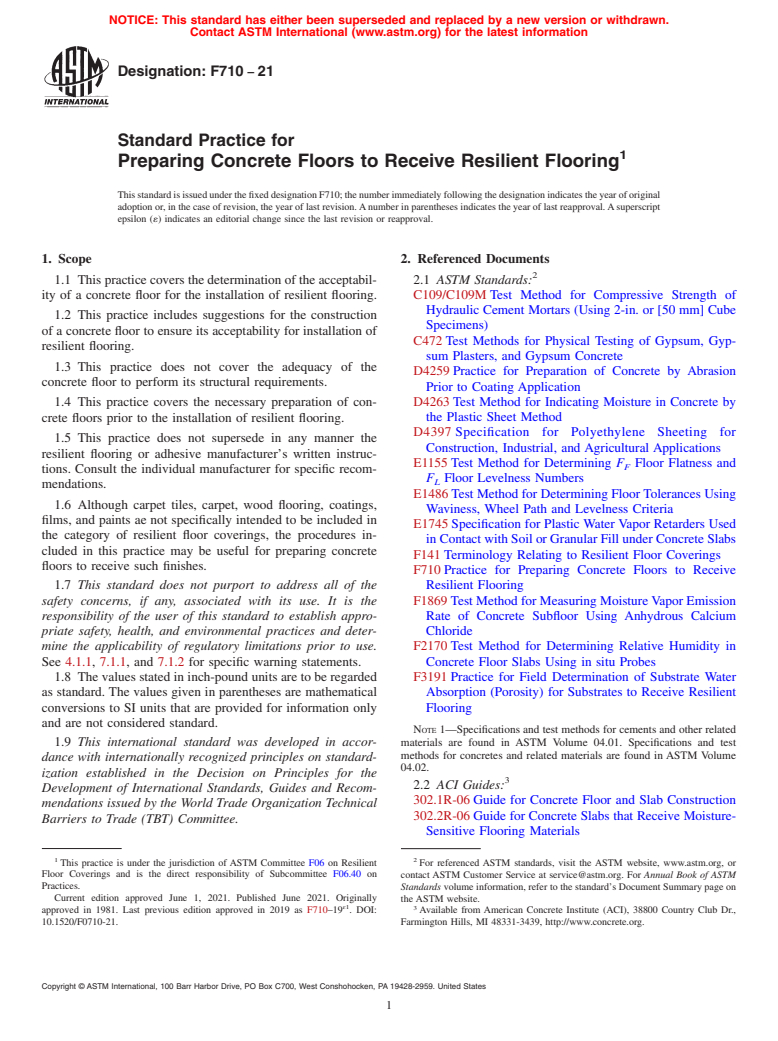 ASTM F710-21 - Standard Practice for  Preparing Concrete Floors to Receive Resilient Flooring