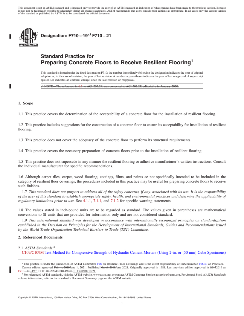 REDLINE ASTM F710-21 - Standard Practice for  Preparing Concrete Floors to Receive Resilient Flooring