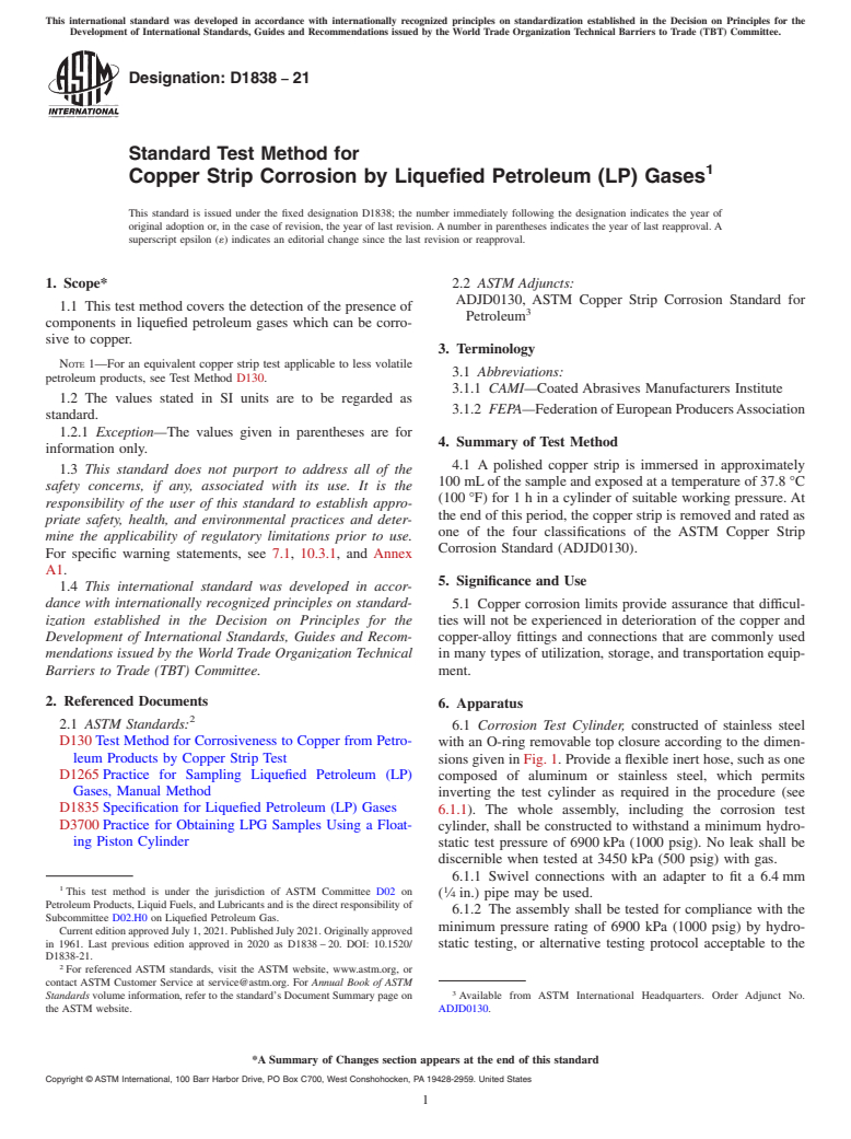 ASTM D1838-21 - Standard Test Method for Copper Strip Corrosion by Liquefied Petroleum (LP) Gases