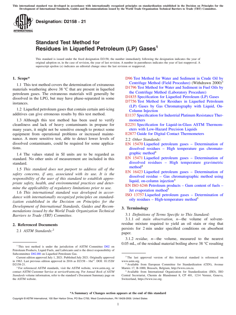 ASTM D2158-21 - Standard Test Method for  Residues in Liquefied Petroleum (LP) Gases