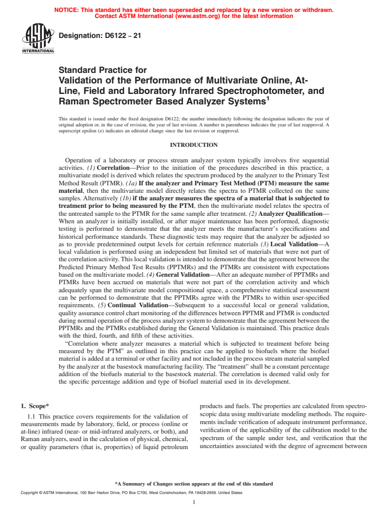 ASTM D6122-21 - Standard Practice for Validation of the Performance of Multivariate Online, At-Line,  Field and Laboratory Infrared Spectrophotometer, and Raman Spectrometer Based Analyzer Systems