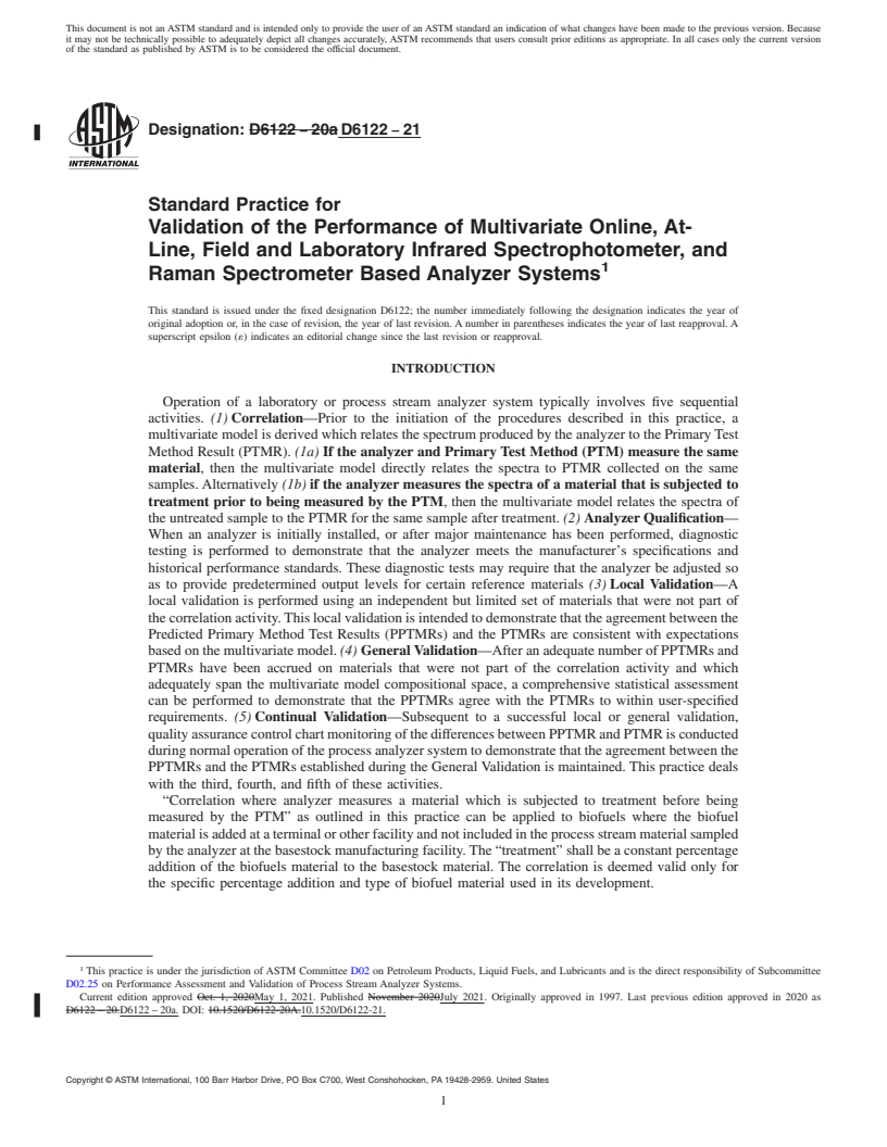 REDLINE ASTM D6122-21 - Standard Practice for Validation of the Performance of Multivariate Online, At-Line,  Field and Laboratory Infrared Spectrophotometer, and Raman Spectrometer Based Analyzer Systems