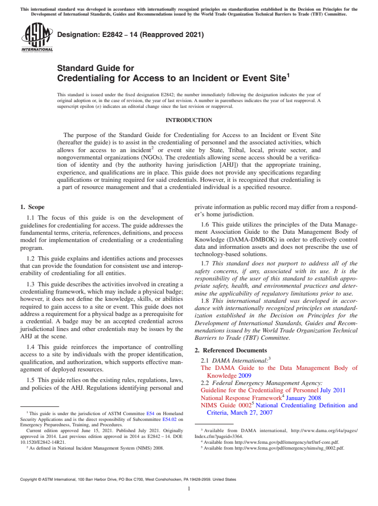 ASTM E2842-14(2021) - Standard Guide for Credentialing for Access to an Incident or Event Site