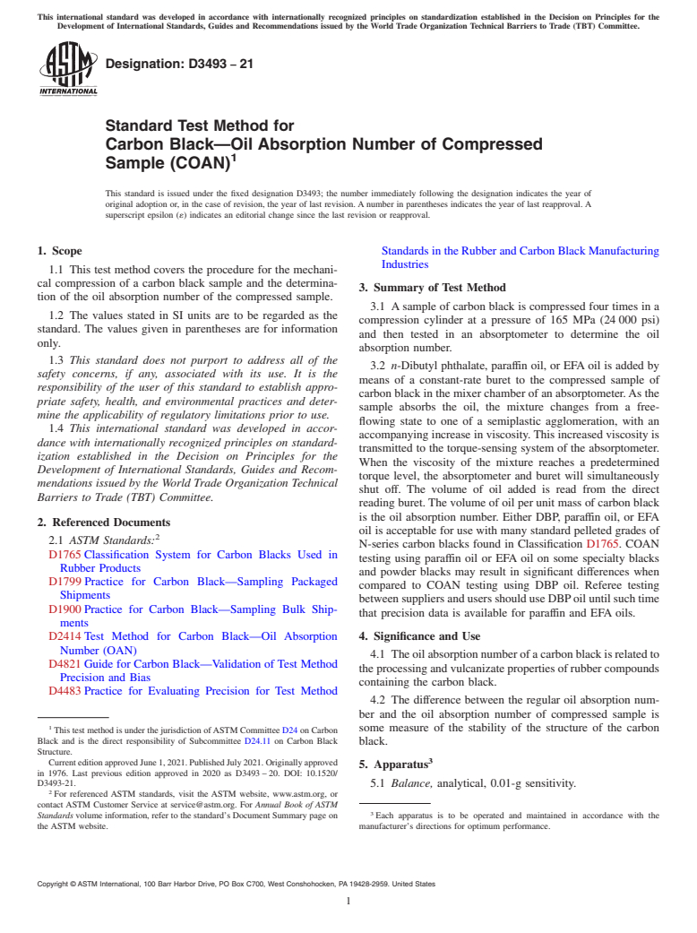 ASTM D3493-21 - Standard Test Method for Carbon Black—Oil Absorption Number of Compressed Sample  (COAN)