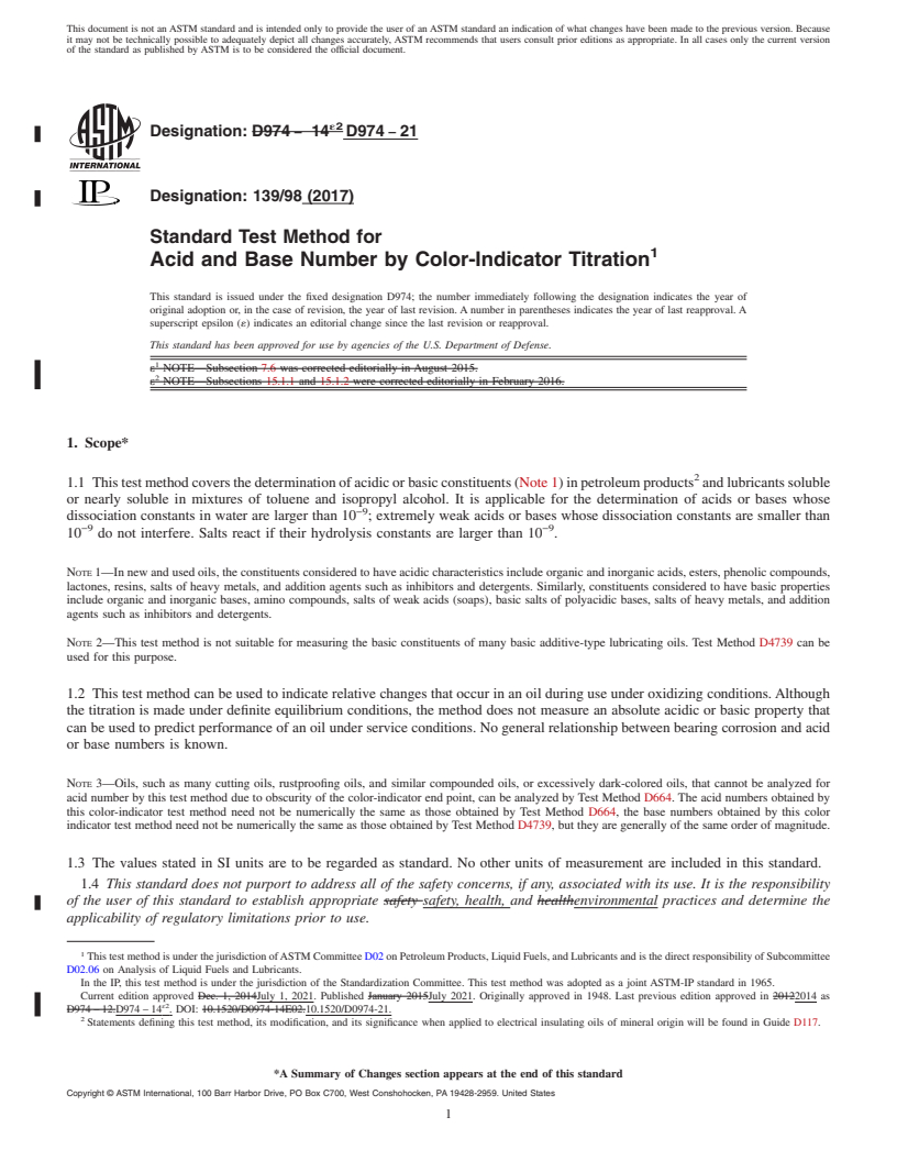 REDLINE ASTM D974-21 - Standard Test Method for  Acid and Base Number by Color-Indicator Titration