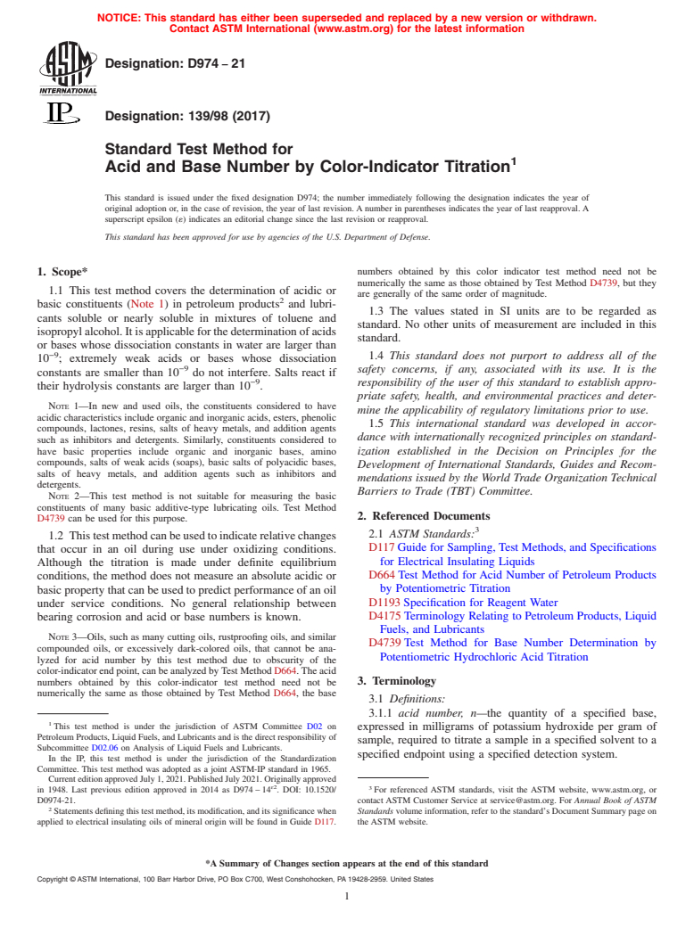 ASTM D974-21 - Standard Test Method for  Acid and Base Number by Color-Indicator Titration