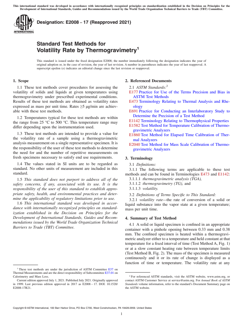 ASTM E2008-17(2021) - Standard Test Methods for  Volatility Rate by Thermogravimetry