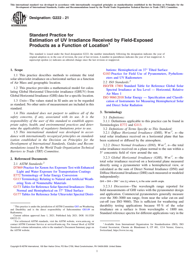 ASTM G222-21 - Standard Practice for  Estimation of UV Irradiance Received by Field-Exposed Products  as a Function of Location