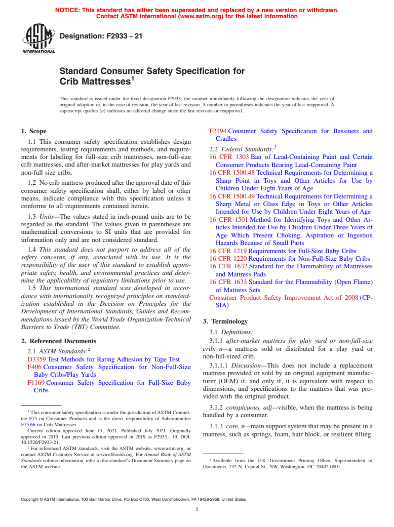 ASTM F2933-21 - Standard Consumer Safety Specification for Crib Mattresses