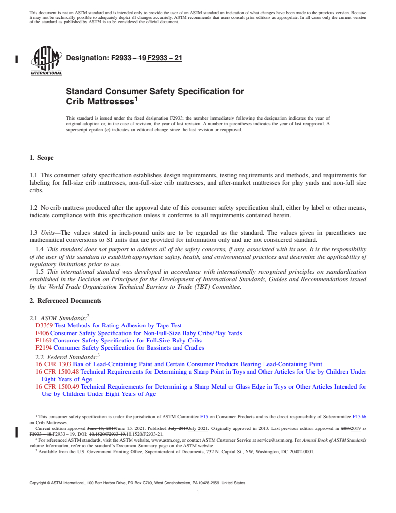 REDLINE ASTM F2933-21 - Standard Consumer Safety Specification for Crib Mattresses