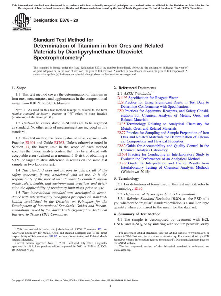 ASTM E878-20 - Standard Test Method for  Determination of Titanium in Iron Ores and Related Materials  by Diantipyrylmethane  Ultraviolet Spectrophotometry