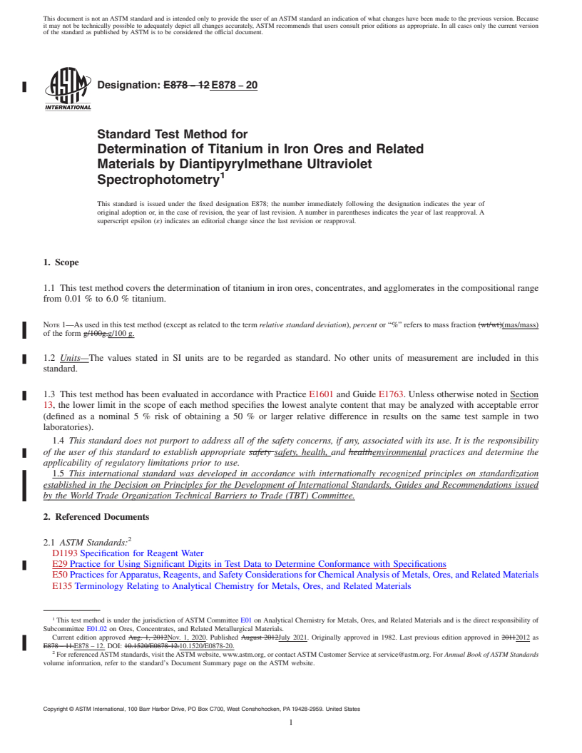 REDLINE ASTM E878-20 - Standard Test Method for  Determination of Titanium in Iron Ores and Related Materials  by Diantipyrylmethane  Ultraviolet Spectrophotometry