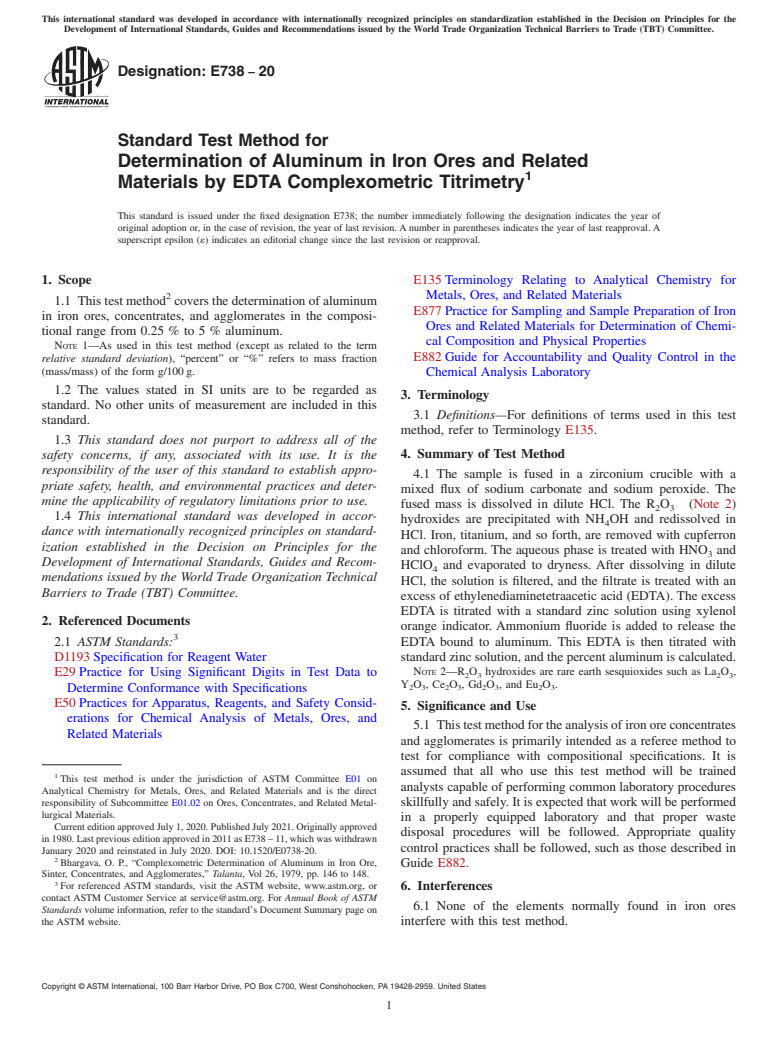 ASTM E738-20 - Standard Test Method for  Determination of Aluminum in Iron Ores and Related Materials  by EDTA Complexometric Titrimetry