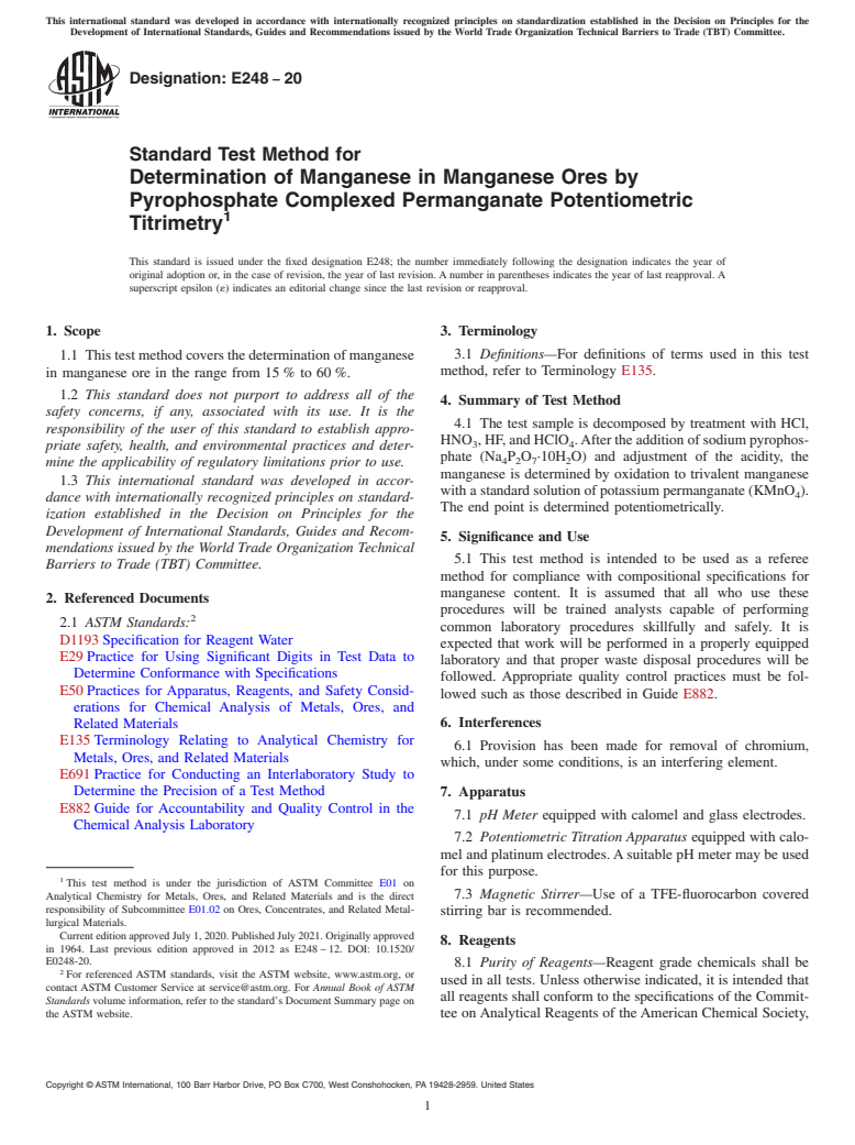 ASTM E248-20 - Standard Test Method for  Determination of Manganese in Manganese Ores by Pyrophosphate  Complexed Permanganate Potentiometric Titrimetry