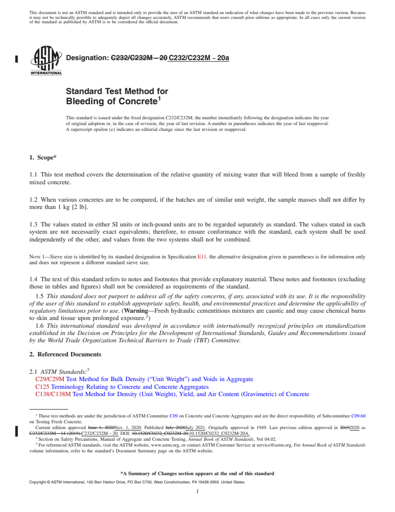 REDLINE ASTM C232/C232M-20a - Standard Test Method for  Bleeding of Concrete