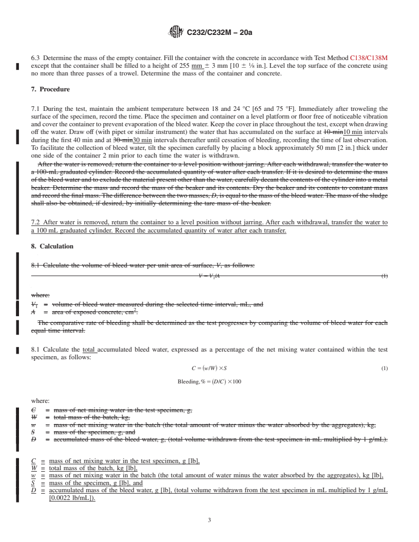 REDLINE ASTM C232/C232M-20a - Standard Test Method for  Bleeding of Concrete