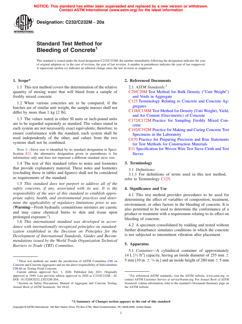 ASTM C232/C232M-20a - Standard Test Method for  Bleeding of Concrete