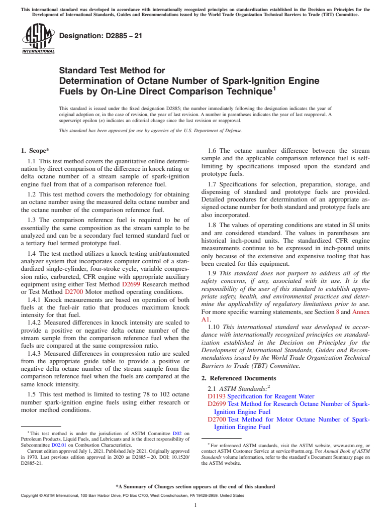 ASTM D2885-21 - Standard Test Method for  Determination of Octane Number of Spark-Ignition Engine Fuels  by On-Line Direct Comparison Technique