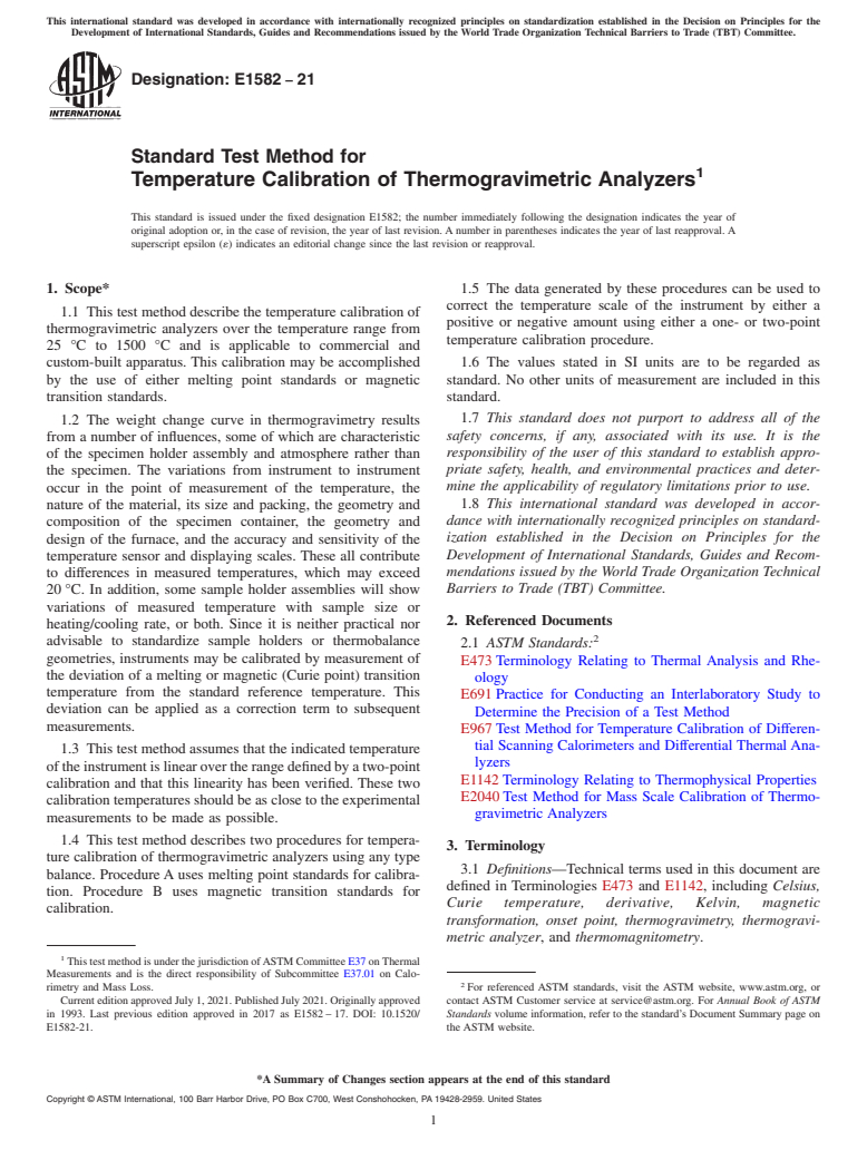 ASTM E1582-21 - Standard Test Method for  Temperature Calibration of Thermogravimetric Analyzers