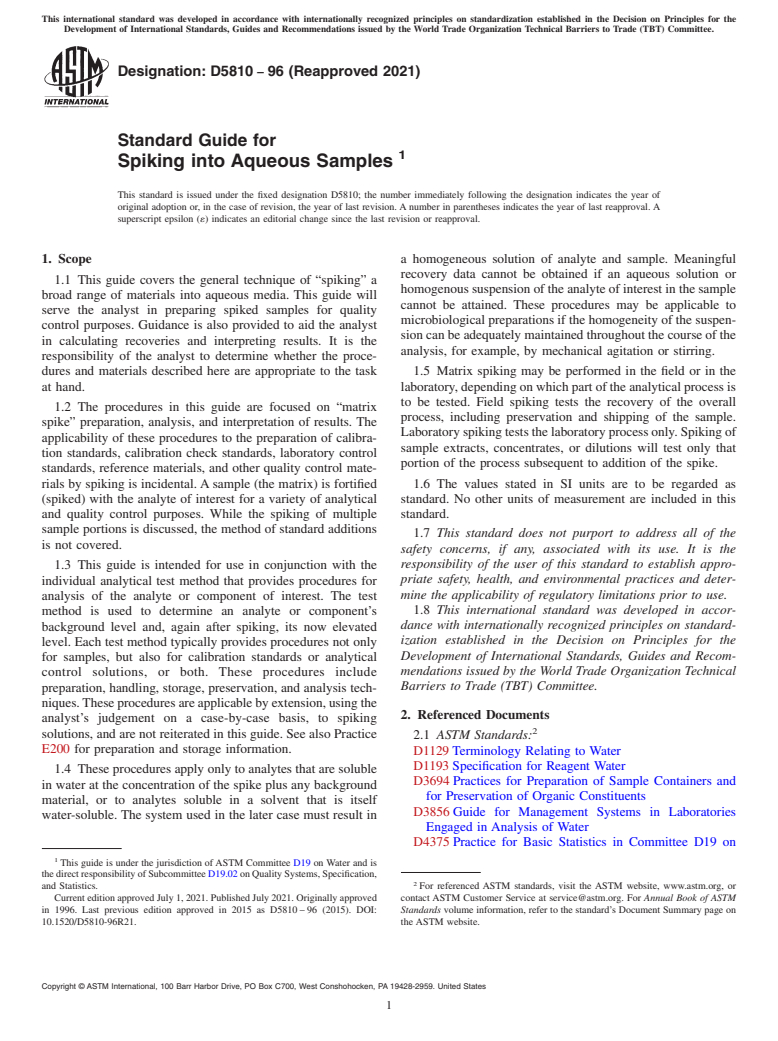 ASTM D5810-96(2021) - Standard Guide for  Spiking into Aqueous Samples